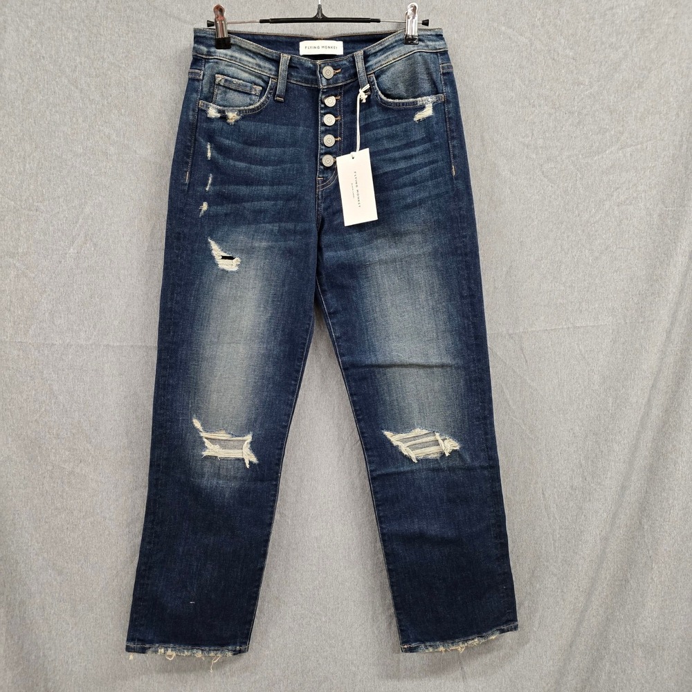 Flying Monkey Black Label Distressed Straight Leg Jeans Dark Wash Button Fly 26